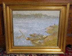 Tóth-b. László (1906 - 1981) painting with lakeside boats