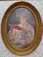 Olvasó nő klasszikus stílusú festmény szép ovális keretben