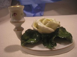 N18 Ó- Herendi formaszámos jubileumi 1839-1949 ritka de sérült rózsás gyertyatartó  12 x 9 cm-es