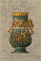 Old antique green metal vase with gilded leaf ornament.Seder 1896 Art Nouveau print reprint