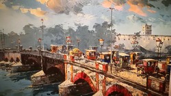 Konflisok a hídon-77x102 cm-Francia festő,  -nagy méretű olajfestmény