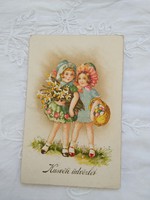 Antique graphic Easter children's motif postcard with kids, hyacinths, eggs 1929