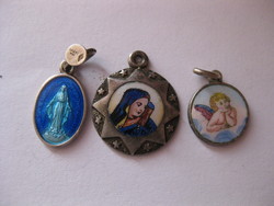 3Db !! Antique silver fire enamel religious pendant, Mary of Lourdes, Madonna, Angel
