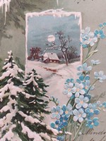 Régi képeslap 1904 dombornyomott levelezőlap havas tájkép nefelejcs