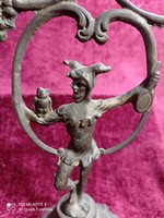 Antique copper candlestick, harlequin, court fool figurine, owl
