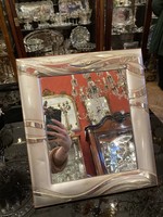 ﻿Ezüst nagy méretű asztali tükör, stilizált hullám díszítéssel (GK38)