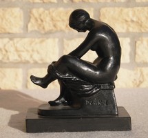 László Deák (1926-1970): undressing nude - painted ceramics on a wooden pedestal