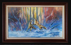 Vadászfestmény--Testvérharc. .rókákat ábrázoló olajf.