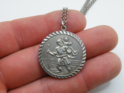 KK1304 Retro nagyméretű ezüst Szent Kristóf medál és nyaklánc 925 jelzett