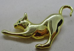 Wonderful old gilded big cat brooch with green eyes