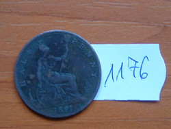 English England 1/2 half penny 1891 Queen Victoria, bronze # 1176