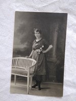 Antique photo sheet, pretty lady in patterned dress with flowers 1910s