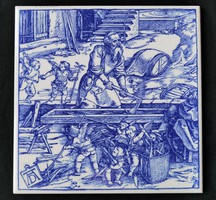Old blue white tile Albert Dürer engraving