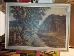 Vízparti idill, festmény, olaj, vászon, 70x100 cm+ keret
