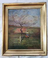 Olaj technikával készült festmény, kissé sérült, aranyozott keretben, ismeretlen festő munkája.