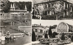 Retro postcard - thermal water spa, 3 cityscapes