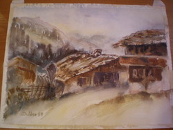 Wonderful watercolor, indicated size 37.5 cm x 27.5 cm. Theme: mountain landscape with pleasant colors.