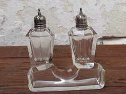 Set of antique, old, silver-capped, glass-pepper sprays and toothpicks
