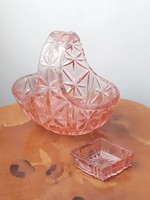 Rózsaszín csiszolt üveg kosár és szögletes tálka Inke László hagyatékából