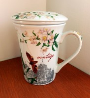 Új porcelánszűrős tetős teás bögre (pillangós, vintage stílusban)