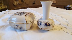 Régi, hibátlan Zsolnay porcelán , búzavirágos kis váza és kocka alakú bonbonier együtt.
