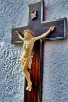 IB. Antik, CSONT őrlemény ANYAGÚ Jézus Krisztus  a kereszten, 36 cm keményfa kereszttel, az 1910-es