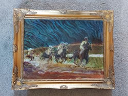 Lóverseny, festmény, olaj, vászon, 30x40 cm+ pompás blondelkeret