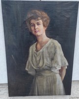 Antik festmény fiatal Úri hölgy, Szecessziós Art Deco olaj vászon 75 X 105 cm, szépen megfestett