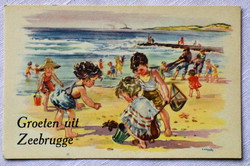 Régi Corina  üdvözlő grafikus  képeslap  strandoló kisgyermekek tengerpart