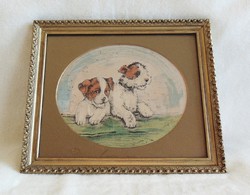 Antik pasztell festmény kiskutyákkal  -  ismeretlen festő