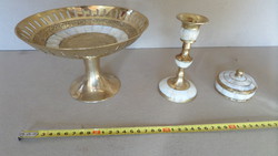Pearl-lined, peacock-patterned brass table serving, candle holder, powder holder set