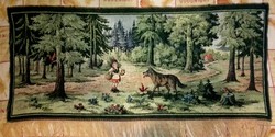 Antique, machine-embroidered wall rug ... Little Red Riding Hood and the Wolf.