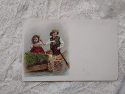 Antik hosszúcímzéses litho/litográfiás képeslap, gyerekek, kislány, kisfiú kiskutya 1899/1900-as