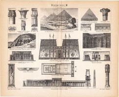 Építészet III., egy színű nyomat 1886, német nyelvű, eredeti, egyiptomi, piramis, templom, Edfu