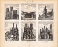 Építészet X., egy színű nyomat 1886, német ,eredeti, XII. - XVI. század, gótikus, York, Reims Burgos