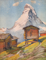 G nottistein: houses in front of the mountain peak (antique watercolor)