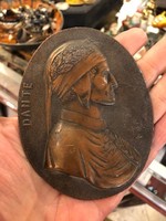 Dante ábrázolás, bronz emlékplakett, 8 cm-es nagyságú.