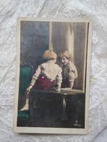 Antique tinted postcard / greeting card / photo card, little boy in the mirror, circa 1920s