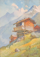 G nottistein: wooden house with balcony (antique watercolor)