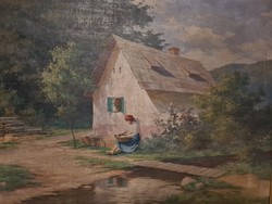 Huge oil painting of Tibor Szontágh: girl with a basket