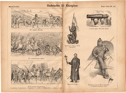 Hadviselés III. Középkor, egyszín nyomat 1885, Magyar Lexikon, Rautmann Frigyes, lovag, hadi, lovas