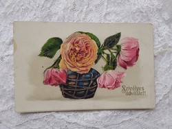 Antik aranyozott litho/litográfiás képeslap pink, sárga rózsa 1916