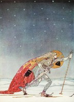 Szecessziós mesekönyv illusztráció reprint nyomat 1914 Nielsen, király hó éjjel tél síléc kard pajzs