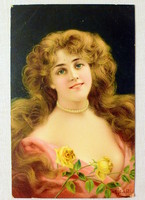 Antik üdvözlő romatikus képeslap hölgy