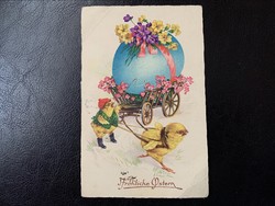 Easter card 1934. Chick, cart, eggs, flowers