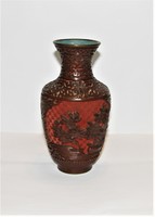 Kínai Cinóber  faragott lakk váza 17 cm