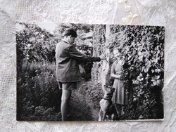 Régi magyar nevesített fotó/életkép, fiatal fiú kutyával, idősebb hölgy 1959 Rákospalota (kutya)