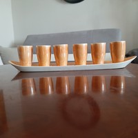 Gyönyörű narancsos-barackos fényes 6db FS porcelán pohár egy csónak formájú tálcán