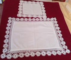 2 white linen tablecloths with lace border,