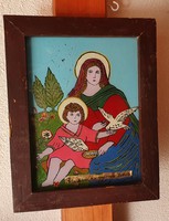 Antique Transylvanian hand-painted glass icon, religion, Mary with baby Jesus, Mother of God,